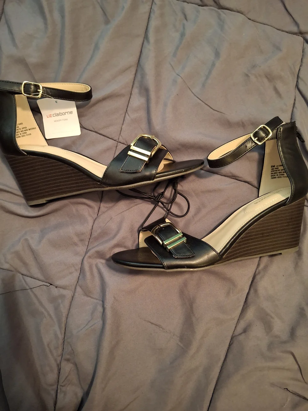 Liz Claiborne Black Leather Wedge Sandals with Gold Buckle Accents